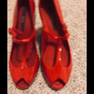 Melissa red velvet peep toe mary jane wedges sz. 8